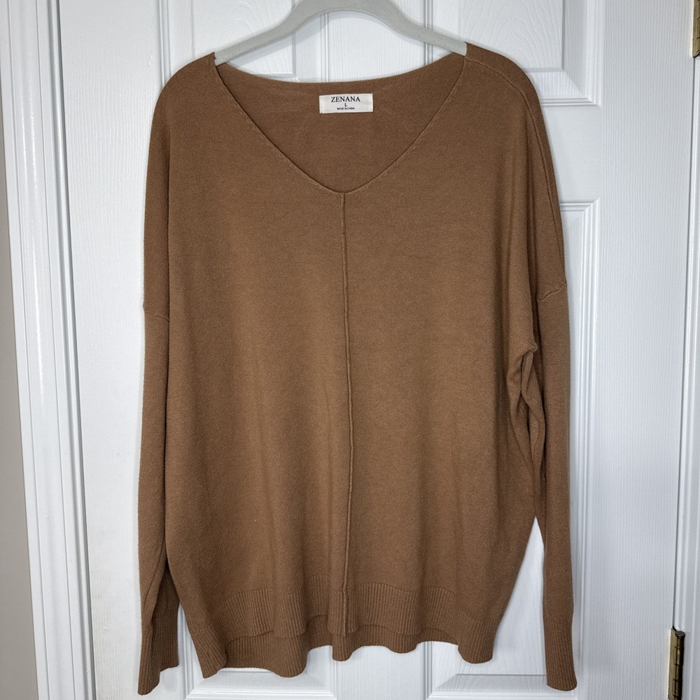Zenana Camel V-Neck Sweater Cozy Warm Tones Soft Knit Minimalist Large
